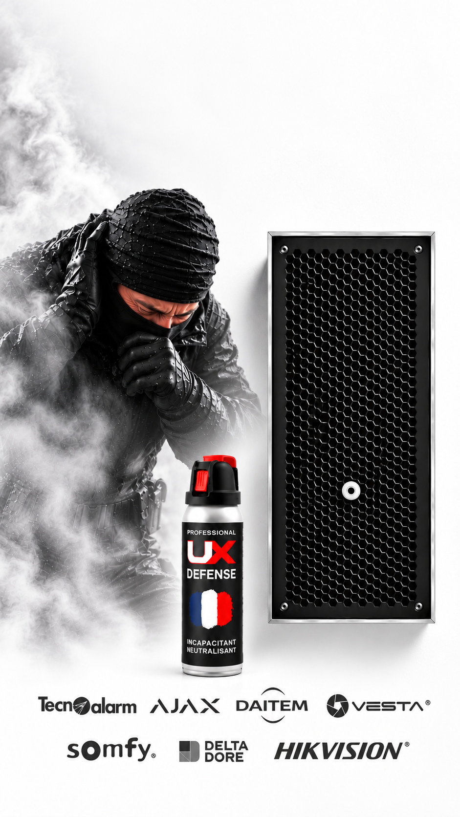 Option : diffuseur de gaz lacrymogène CS filaire 100 ml 450 m³ dissimulé dans le canon à son