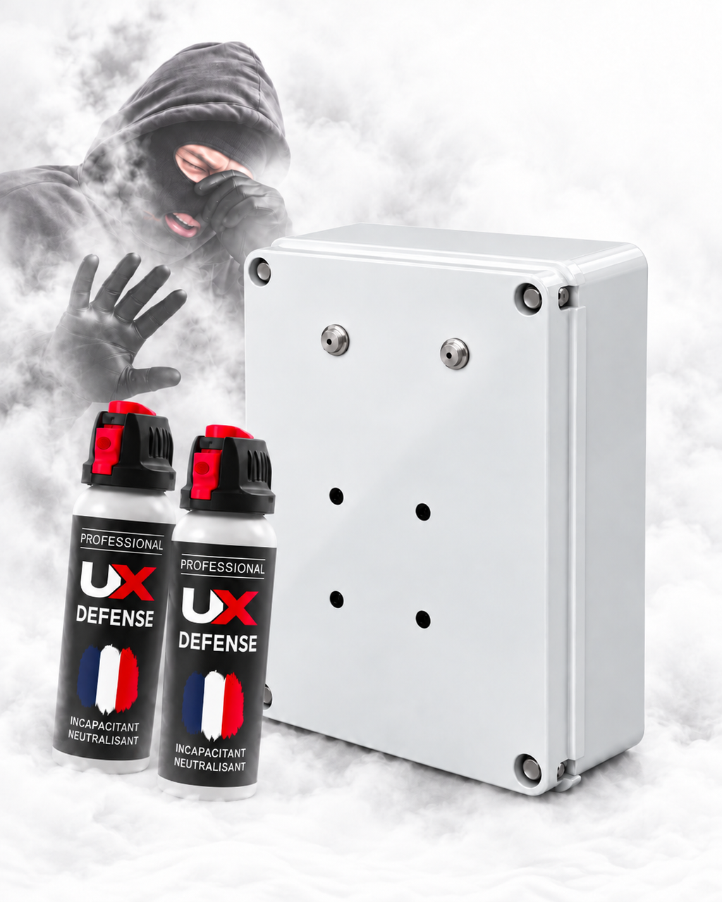Diffuseur de gaz lacrymogène CS haute pression IGAZ 900 – 2 × 100 ml – 900 m³ en 25 secondes - compatible alarme & canons à son - contact sec