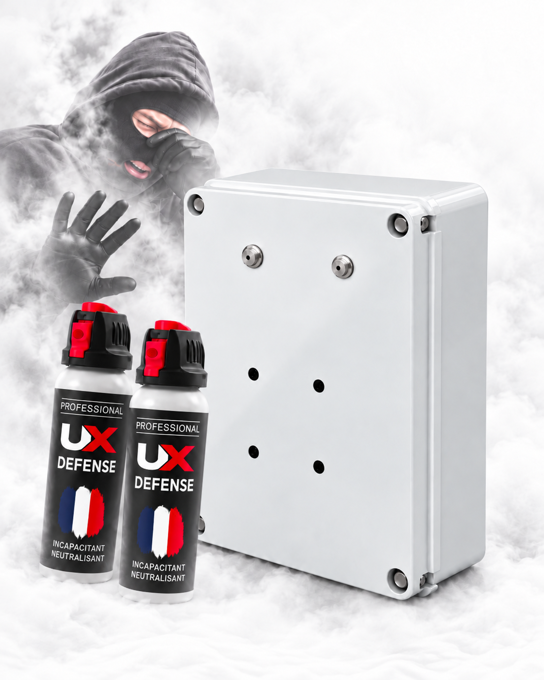 Diffuseur de gaz lacrymogène CS haute pression IGAZ 900 – 2 × 100 ml – 900 m³ en 25 secondes - compatible alarme & canons à son - contact sec
