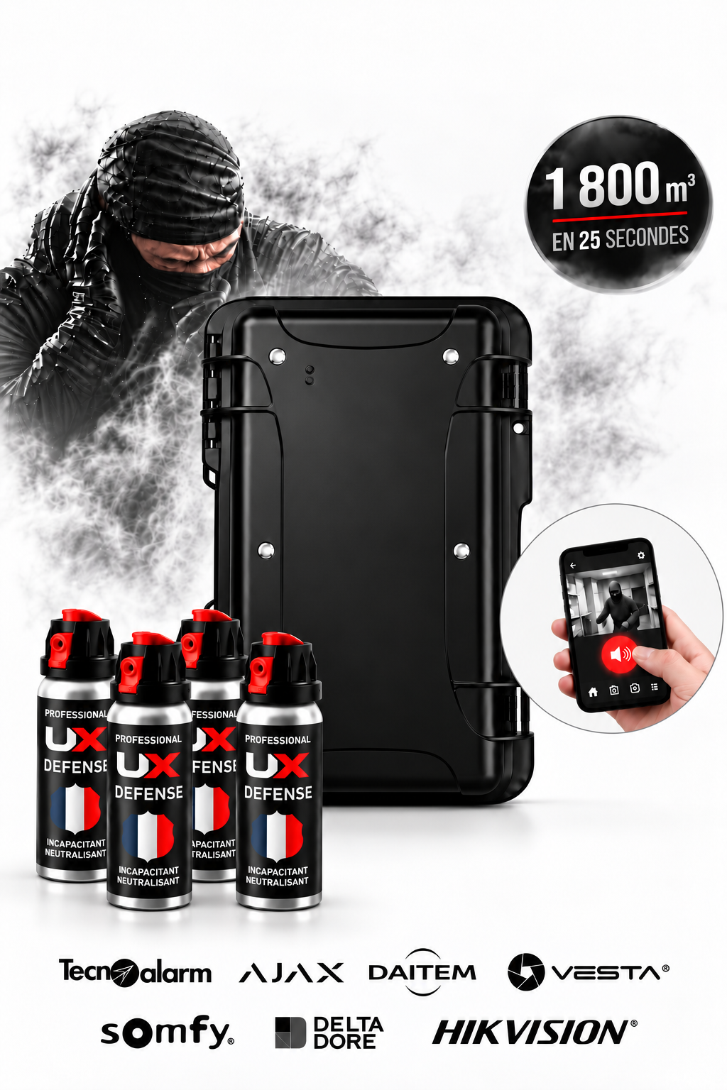 Valise anti-intrusion et protection ponctuelle très hauts risques – IGAZ G4 - 4 diffuseurs de gaz CS 100 ml haute pression – 1 800 m³ en 25 secondes – MIL-SPEC - compatible alarme ou déporté d'un canon à son
