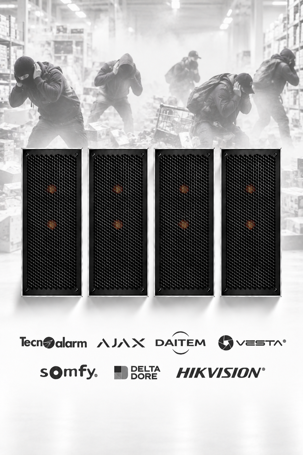 5 - Offre spéciale : complément d'alarme - pack quadruple canon à son anti-intrusion Qualiforce BLAST C2 – 2 Maîtres + 2 Esclaves – 4 × 133 dB - jet de gaz lacrymogène en option
