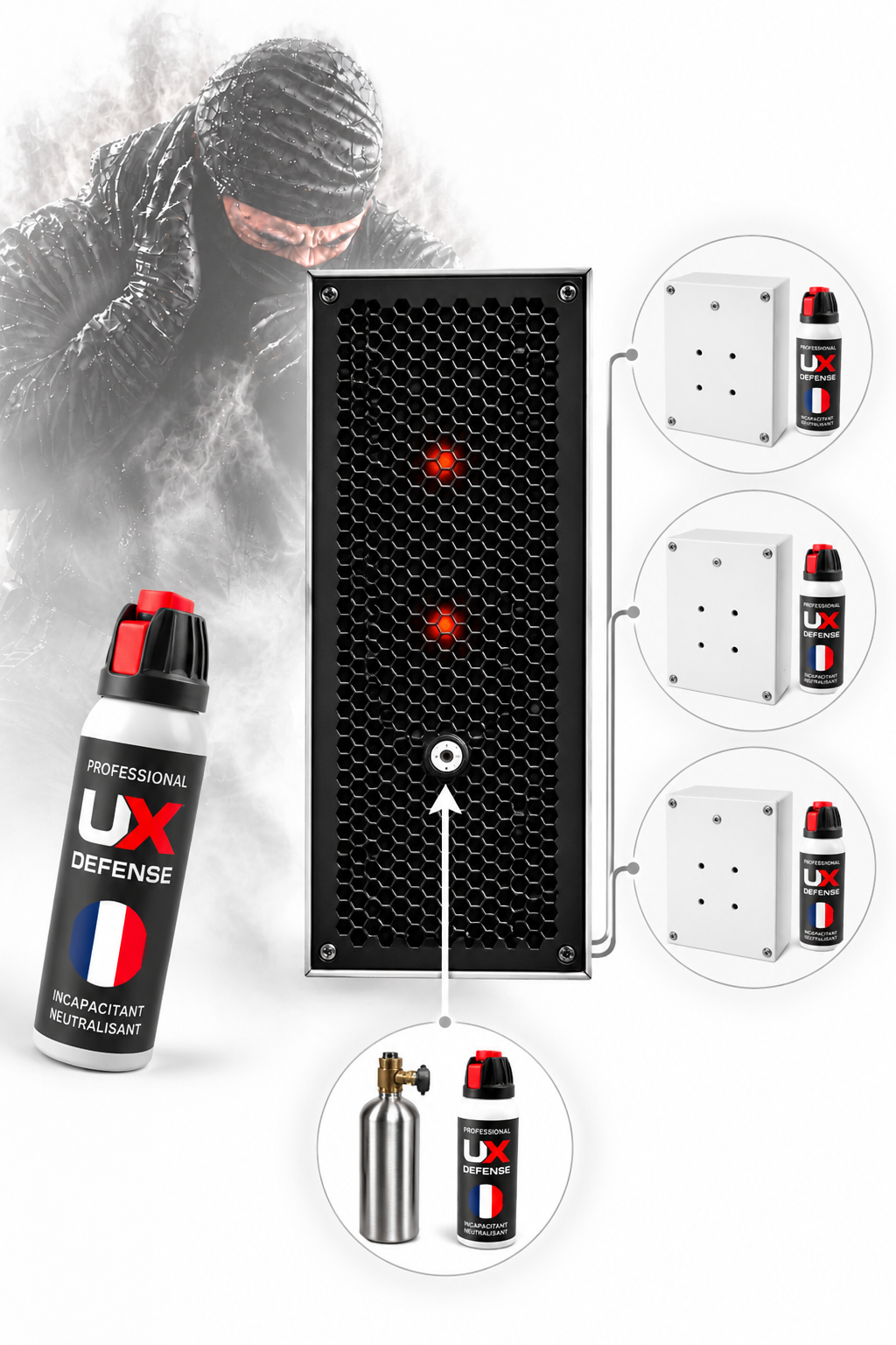 Option : diffuseur de gaz lacrymogène CS filaire 100 ml 450 m³ dissimulé dans le canon à son