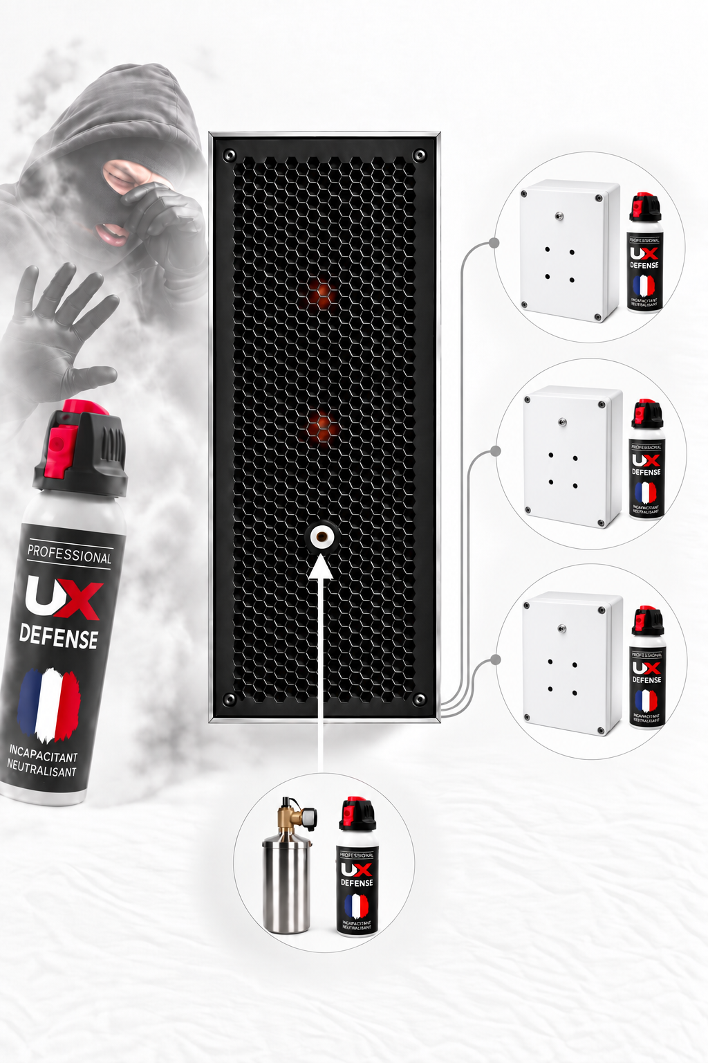 Diffuseur de gaz lacrymogène CS haute pression IGAZ 450 - 100 ml - 450 m³ en 25 secondes - compatible alarme & canons à son - contact sec