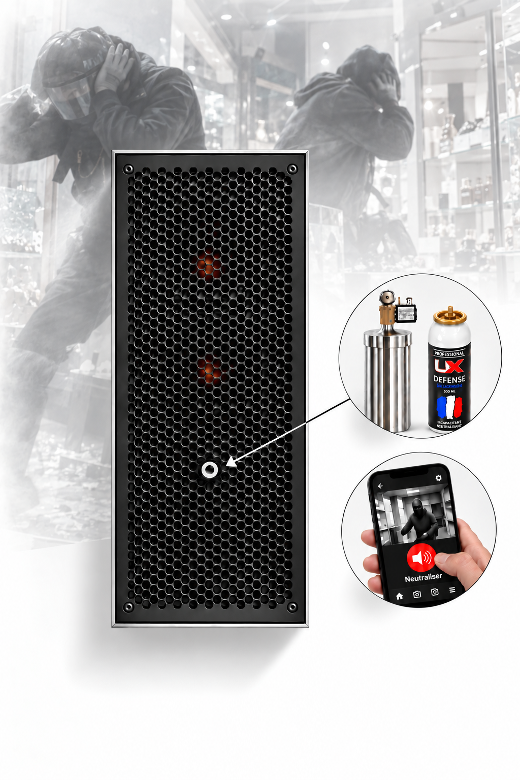3 - Pack DEFENSE GSM action à DISTANCE – canon à son 133 dB + diffuseur de gaz lacrymogène CS + module GSM avec application smartphone – déclenchement manuel à distance par SMS + APP – prêt à l’emploi