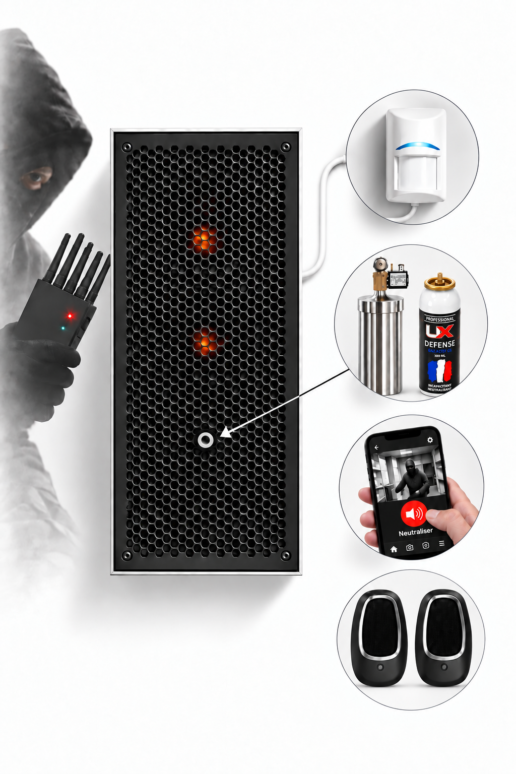 2 - Pack DEFENSE autonome - canon à son 133 dB + diffuseur GAZ CS + détection filaire anti-brouillage – Prêt à poser. Module GSM en option