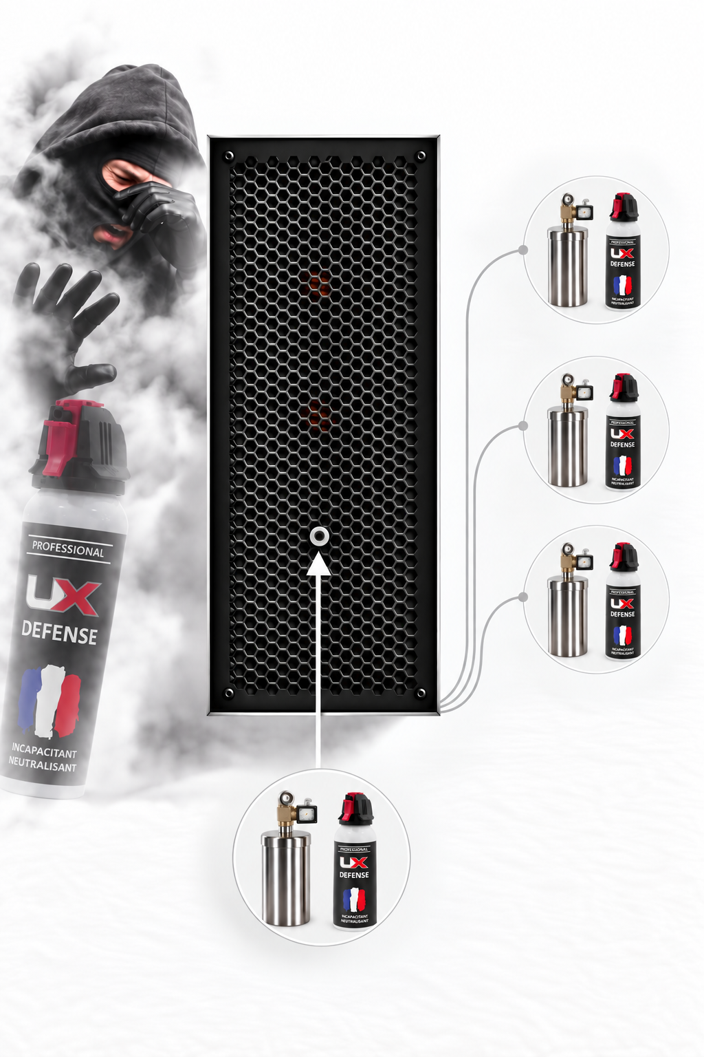 Diffuseur de gaz lacrymogène CS filaire 100 ml 450 m³dissimulé ou déporté des canons à son