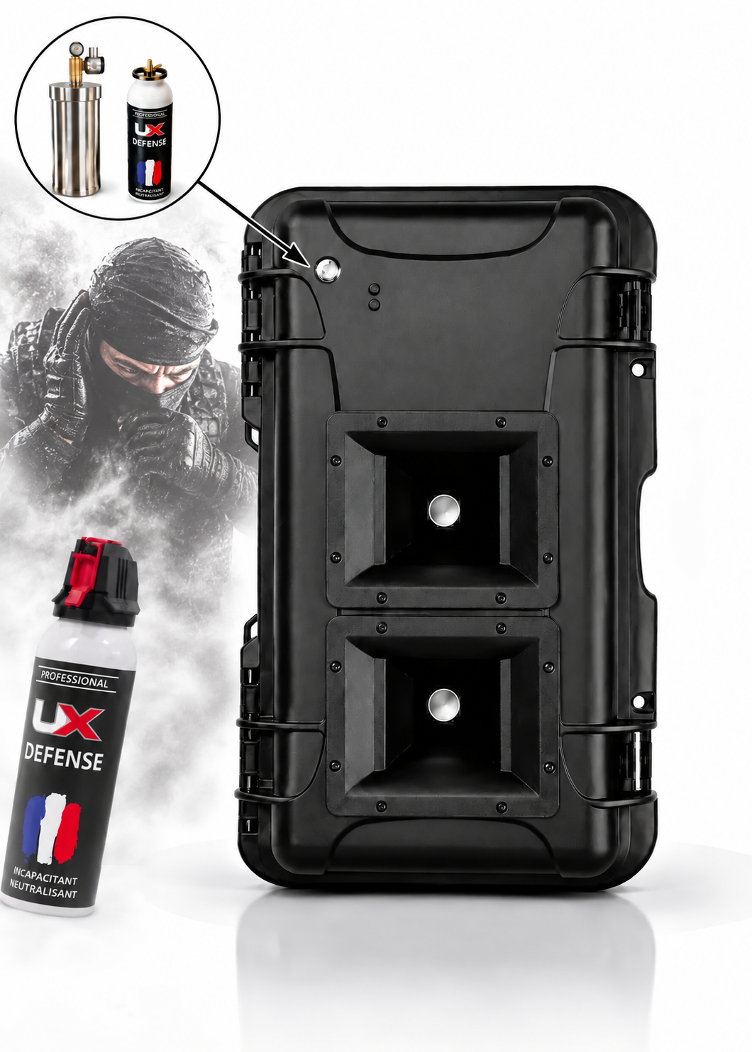 Option : diffuseur de gaz lacrymogène CS filaire 100 ml 450 m³dissimulé dans le canon à son nomade
