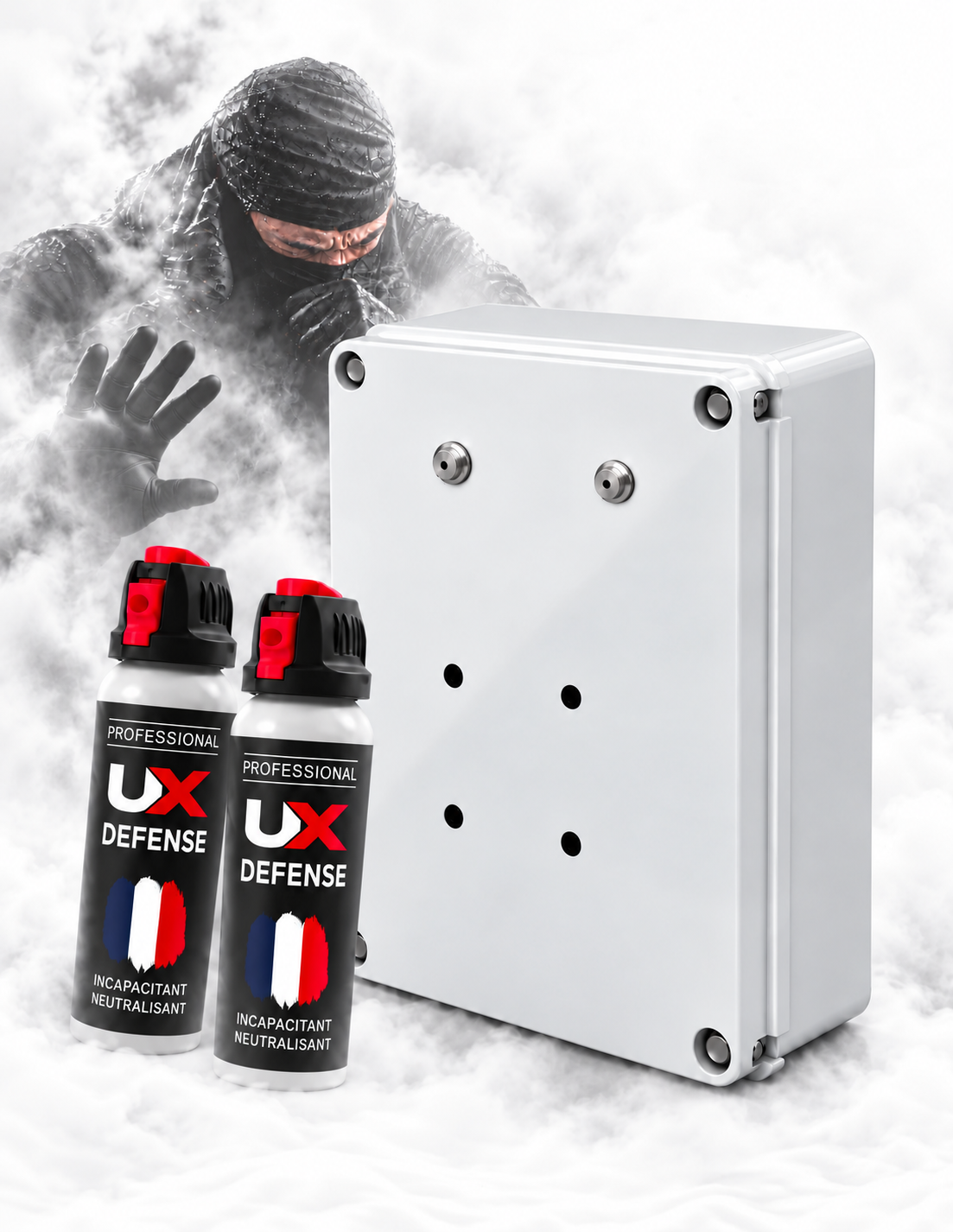 Diffuseur de gaz lacrymogène CS haute pression IGAZ 900 – 2 × 100 ml – 900 m³ en 25 secondes - compatible alarme & canons à son - contact sec