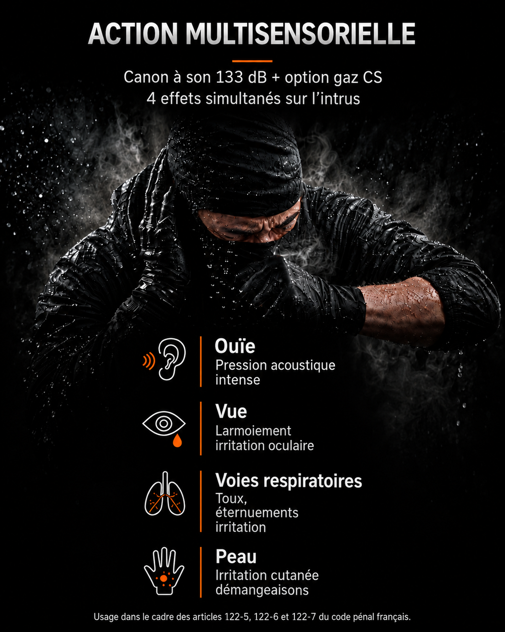 2 - Pack autonome - canon à son 133 dB + diffuseur lacrymogène inclus – détection filaire anti-brouillage – précâblé, configuré et prêt à poser. Module GSM en option