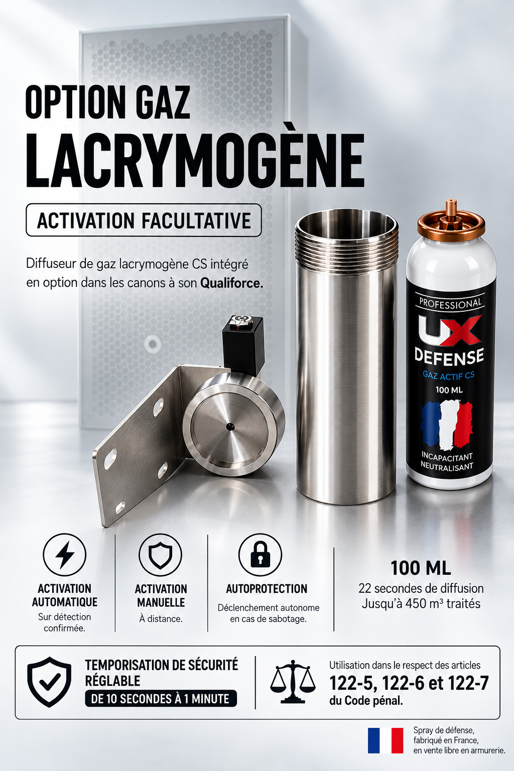 Diffuseur de gaz lacrymogène CS haute pression IGAZ 450 - 100 ml - 450 m³ en 25 secondes - compatible alarme & canons à son - contact sec