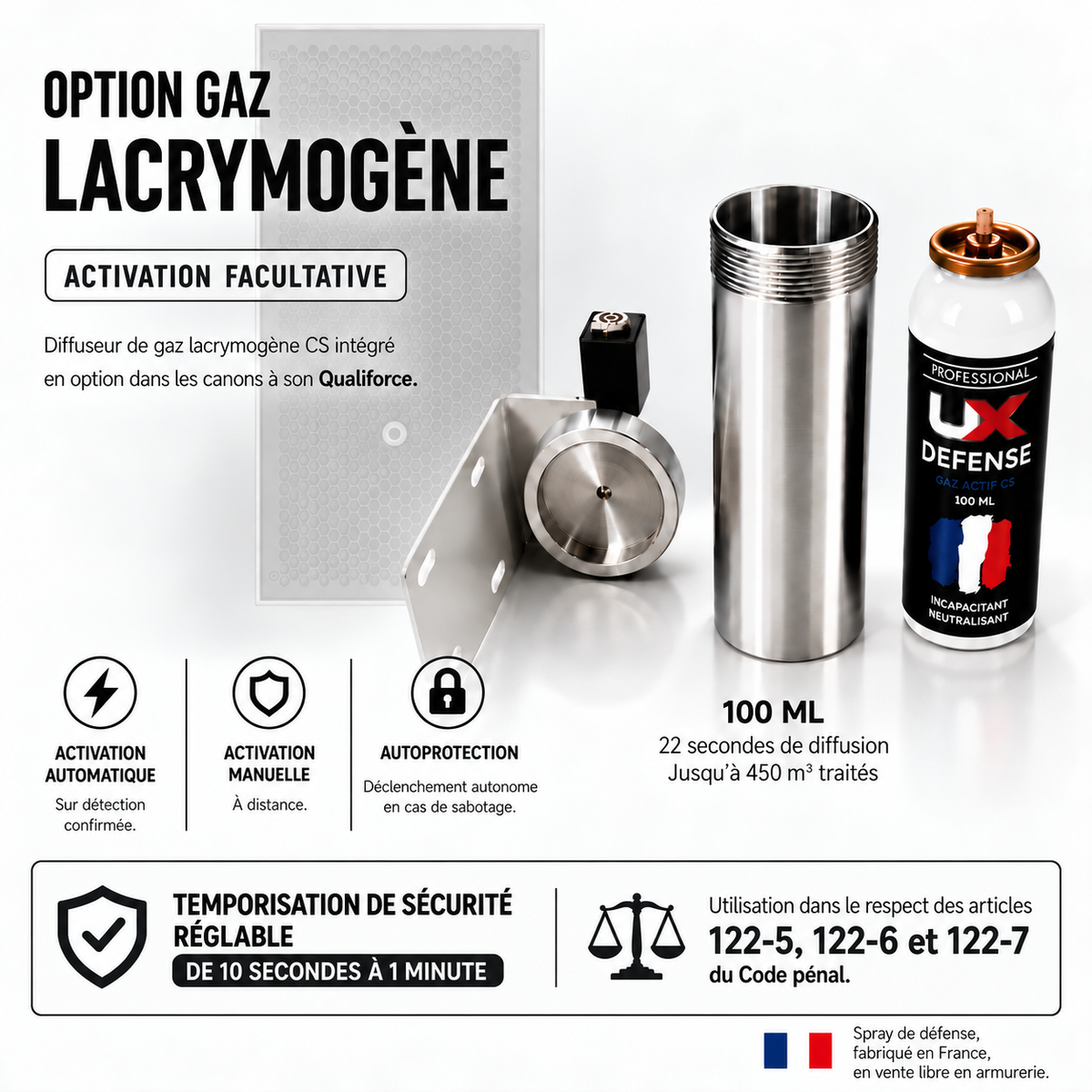 Diffuseur de gaz lacrymogène CS filaire 100 ml 450 m³dissimulé dans le canon à son nomade