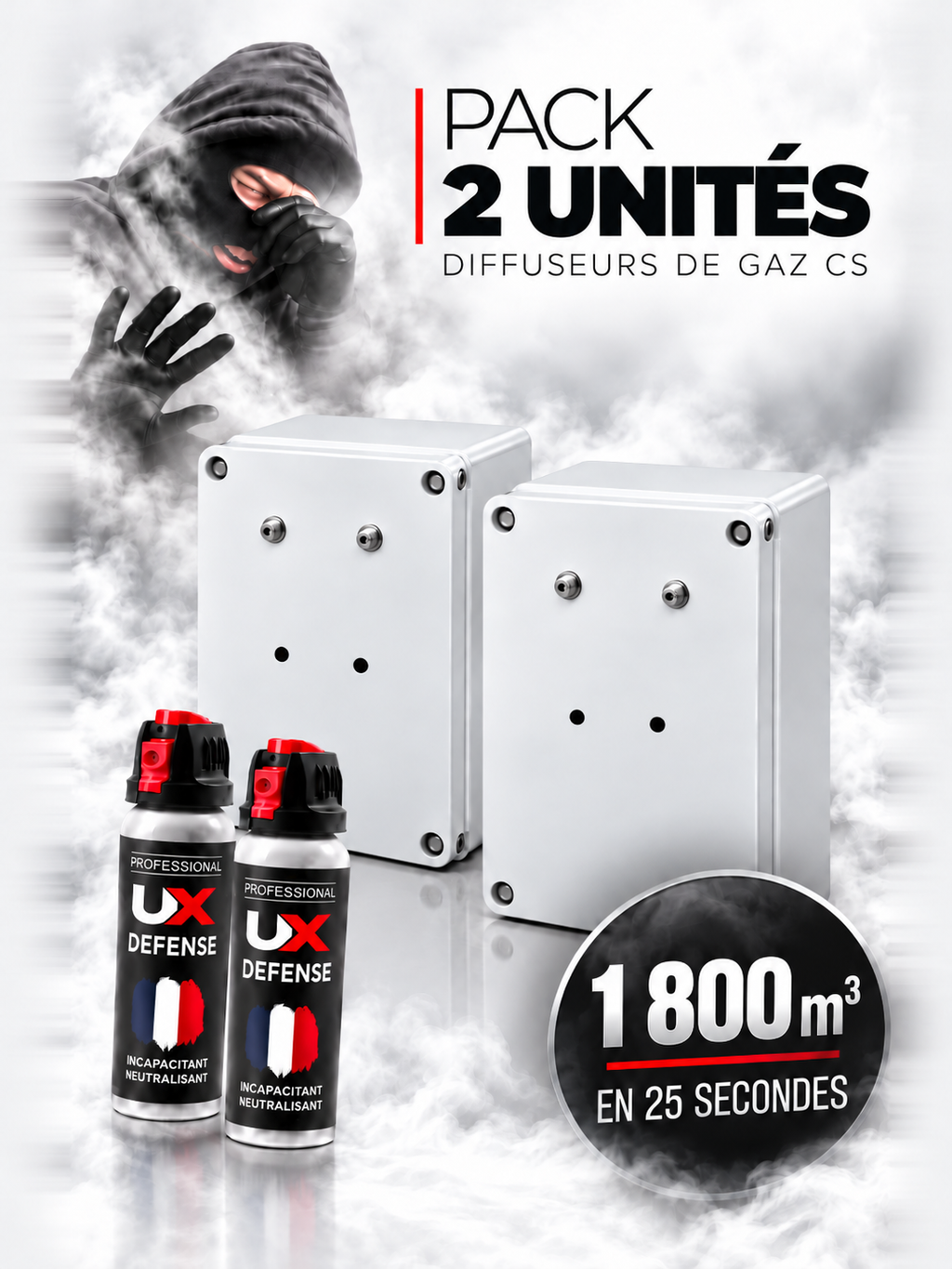 Offre spéciale : pack 2 diffuseurs de gaz lacrymogène CS haute pression IGAZ 900 – 4 × 100 ml – 1800 m³ au total en 25 secondes - compatible alarme & canons à son - contact sec